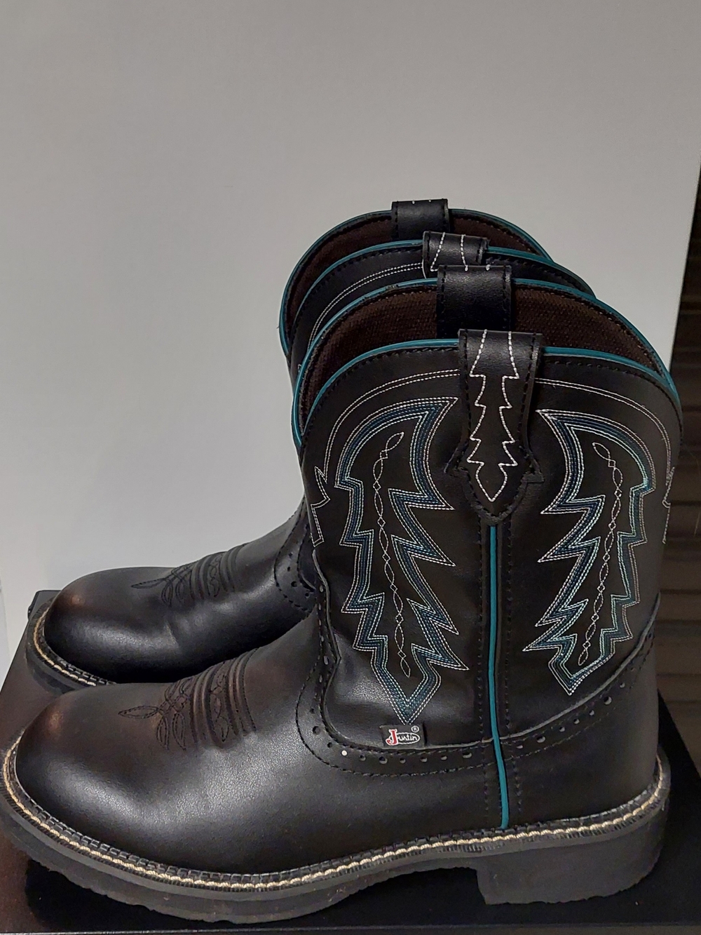 Justin Boots Black Leather Work Cowgirl Boots with Teal Stitching - Picture 1 of 4